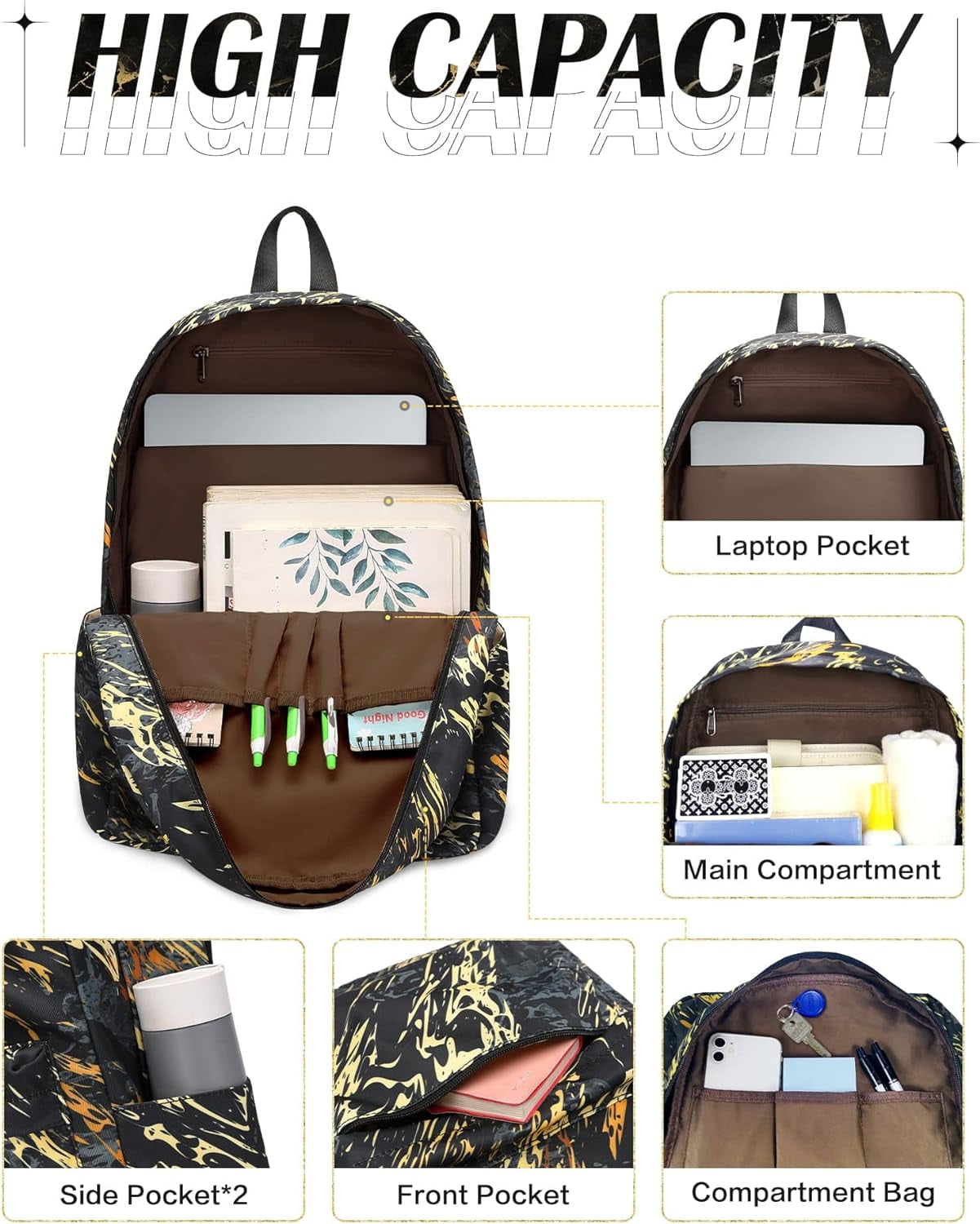 Black School Backpack for Boys Durable Waterproof Backpack with Laptop Compartment Aesthetic Backpack Doodle