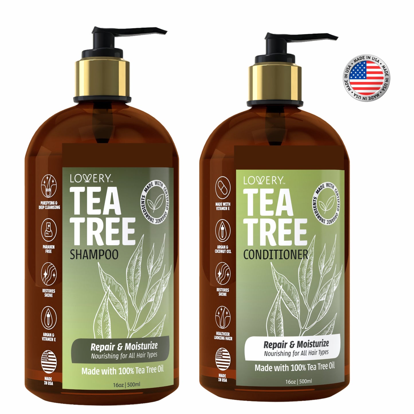 Tea Tree Shampoo & Conditioner Gift Set - 32oz Hair Care Made in USA