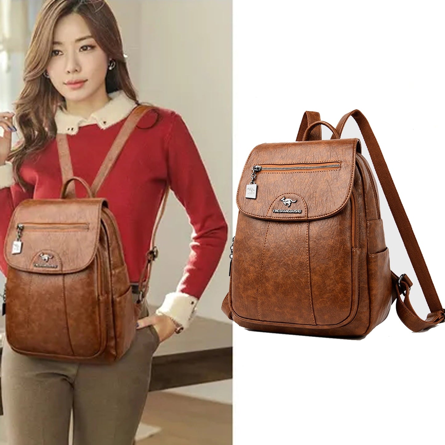 QingY Women Leather Backpacks Female Vintage Backpack,Brown