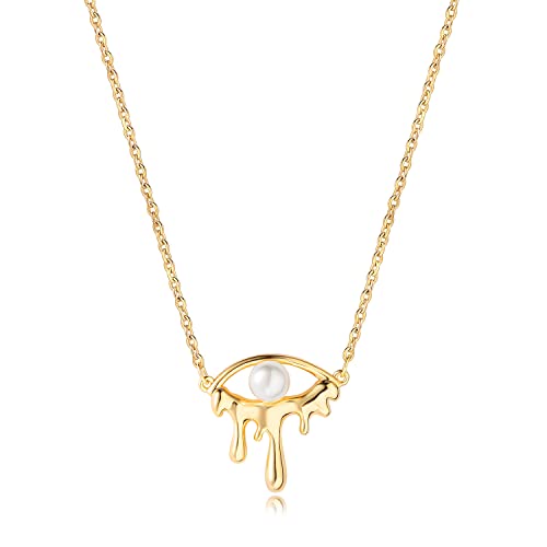 MEVECCO Gold Dainty Evil Eye Necklace for Women 18K Gold Plated Cute Delicate Pearl Protection Evil Eye Minimalist Simple Necklace Gift