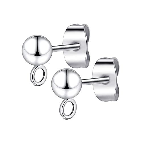 100 Sets Stainless Steel Solid Round Ball Post Stud Earrings with Loop for Jewelry Dangle Earring Making