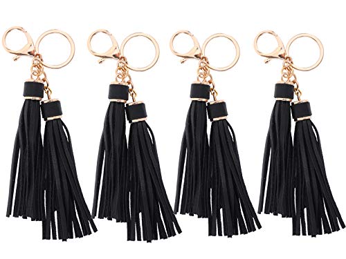 5.9'' 4 Sets PU Leather Tassel With Gold Keychain For Handbag Phone Car Key Jewelry DIY GD189 (Black Keychain)