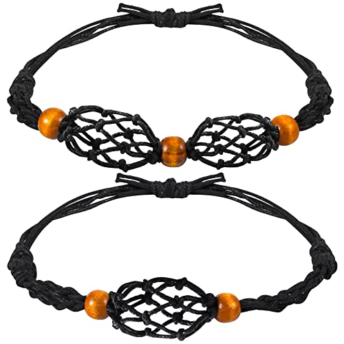 PAGOW 2Pcs Stone Cage Cord Bracelet, Black Empty Crystal Bracelet Holder, Adjustable Crystal Netted Holder for DIY Crystal Pendant Bracelet Jewelry Making(1Pcs double net + 1Pcs single net)