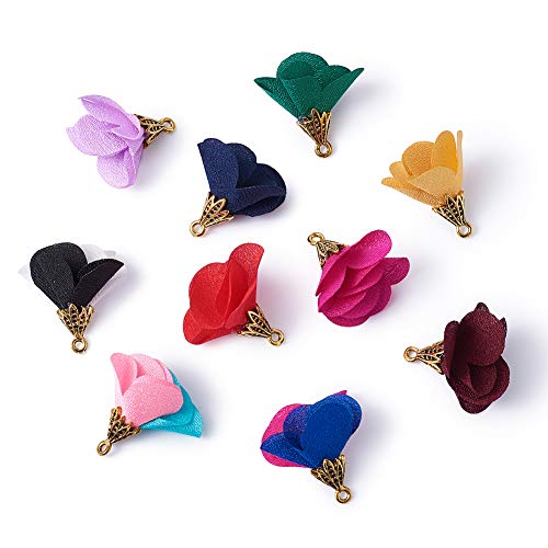 Beadthoven 100-Piece Mixed Color Fabric Flower Pendants 25x24mm Cloth Tassel Jewelry Charms with Golden Petals Cap for Dangle Earrings Keychain Making
