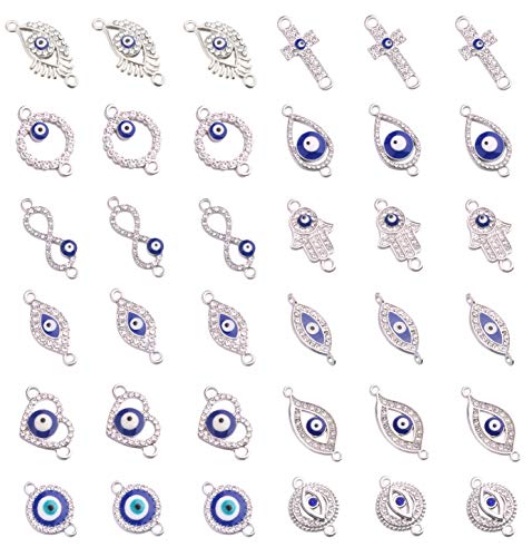 36pcs Mix Alloy Silver Colored Enamel Rhinestone Diamond Evil Eye Link Charms Jewelry Connectors for DIY Bracelet Necklace Jewerly
