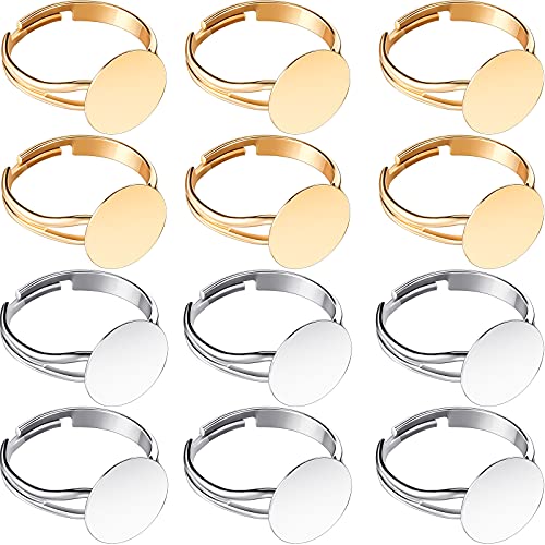Herdear 40 Pieces Blank Ring Plated Adjustable Flat Ring 12 mm DIY Blank Ring Base Jewelry Finding Ring (Silver, Gold)