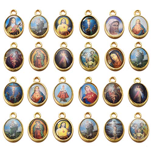 100pcs Mix Picture Gold Enamel Our Lady Miraculous Medal Floral Rosary Centerpiece Cross Jesus Virgin Mary Catholic Alloy Crucifix Charms for DIY Jewelry Making 10mmx15mm (A589)