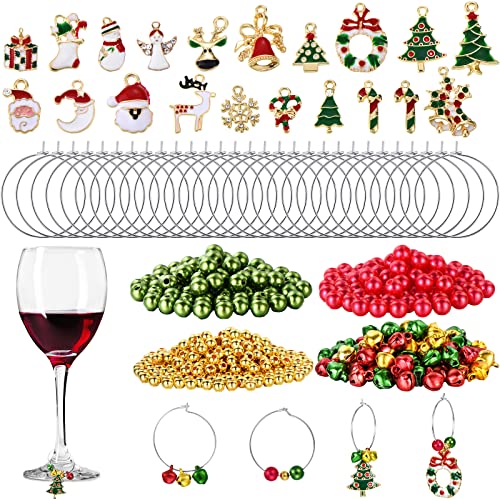 WILLBOND 670 Pieces Christmas Wine Glass Charms Assorted Enamel Charm Pendant Wine Glass Charm Rings Christmas Bells Gold Beads Red Green Beads for Xmas Wine Glass Markers DIY Making Jewelry