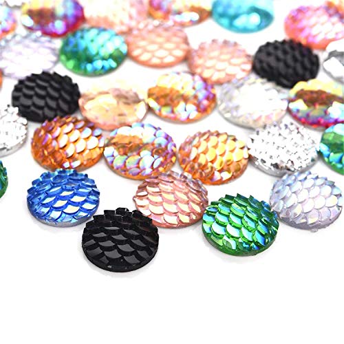 Vivian 208 Pieces 13 Colors Flat Back Resin Cabochons Druzy Iridescent Mermaid Scale Cabochons Flat Round Sparkly Glitter for Setting Bezel Tray Pendant Charms (12mm)