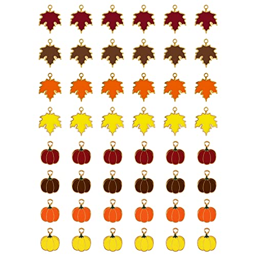 AIEX 48pcs Fall Charm Pendants, Fall Maple Leaf Charms Enamel Halloween Pendant Pumpkin Thanksgiving Autumn Charms for Jewelry Making Keychain Making DIY Craft (Multi-color)