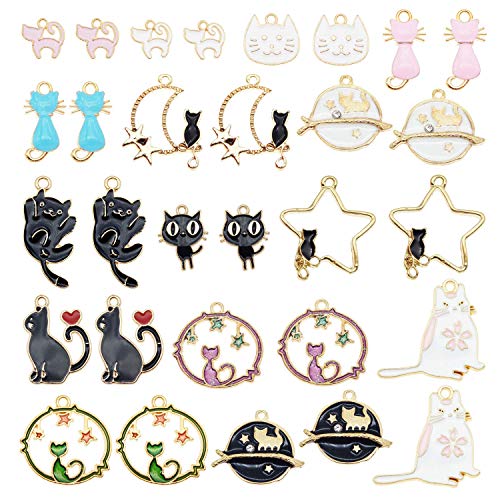 JJGQAZ 30pcs Bulk Lot Gold Plated Enamel Pet Cat Dainty Dangle Cute Animals Charms Pendant for Earrings Jewelry Making Necklace Bracelet Craft Findings