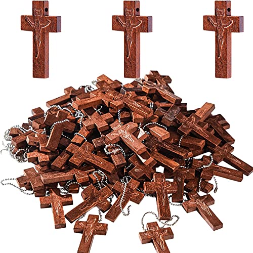 60Pack Wooden Crosses, Wooden Crosses for Crafts, Small Wooden Crosses Bulk, Cross Charms with 60 Chains, Wooden Cross Pendants for Necklace Bracelet Earring Jewelry Making