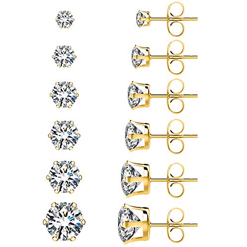 UHIBROS Cubic Zirconia Earrings Studs for Women, 6 Pairs Hypoallergenic 316L Stainless Steel Stud Earrings Set 14K Gold Plated Multipack CZ Earrings for Mens Girls 3-8mm