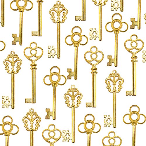 Aokbean Mixed Set of 30 Vintage Skeleton Keys in Antique Gold - Set of 30 Keys(Gold)