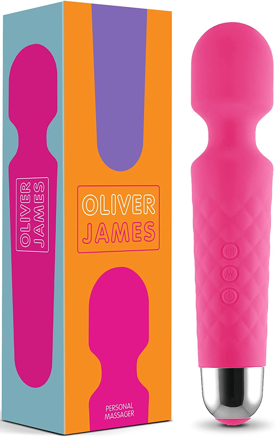 Oliver James Personal Wand Massager - Quiet and Powerful Rechargeable Travel Massager - 20 Magic Vibration Patterns and 8 Speeds for Ultimate Full Body Relaxation and Muscle Tension Relief (Pink)