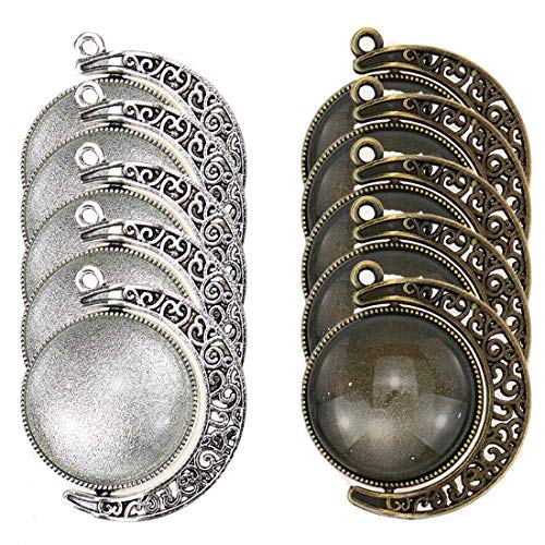 Semetall Pendant Trays Kits 30Pcs Moon Rotation Double Sided Round Pendant Tray for Jewelry Making and DIY Photo Making (Silver and Bronze)