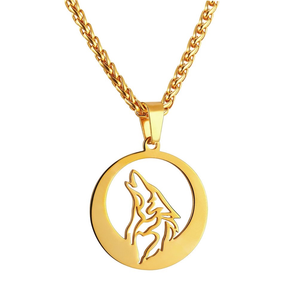 U7 Wolf Necklace with Adjustable Spiga Chain 18K Gold Plated Round Hollow Pendant