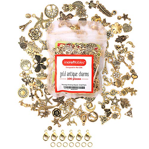 Incraftables 100pcs Gold Charms for Jewelry Making with 15pcs Clasps & Rings. Best Antique Metal Designer Charm for DIY Bracelets & Necklaces. Bulk Assorted Charms for Bracelet & Crafting Supplies