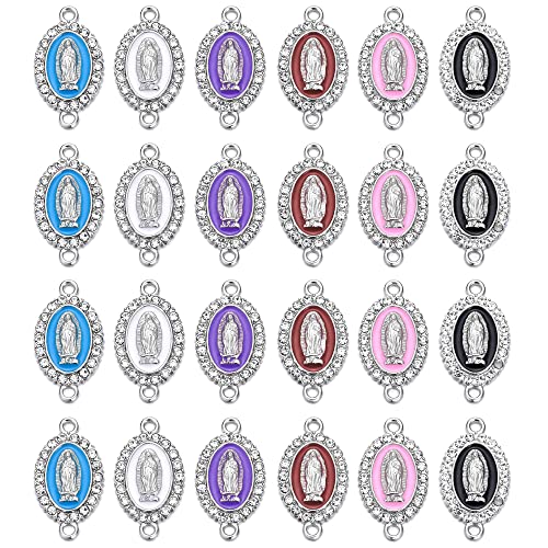 60pcs Mixed Color Virgin Mary Link Miraculous Medal Enamel Silver Alloy Rhinestones Our Lady Crucifix Connection for Jewelry Making