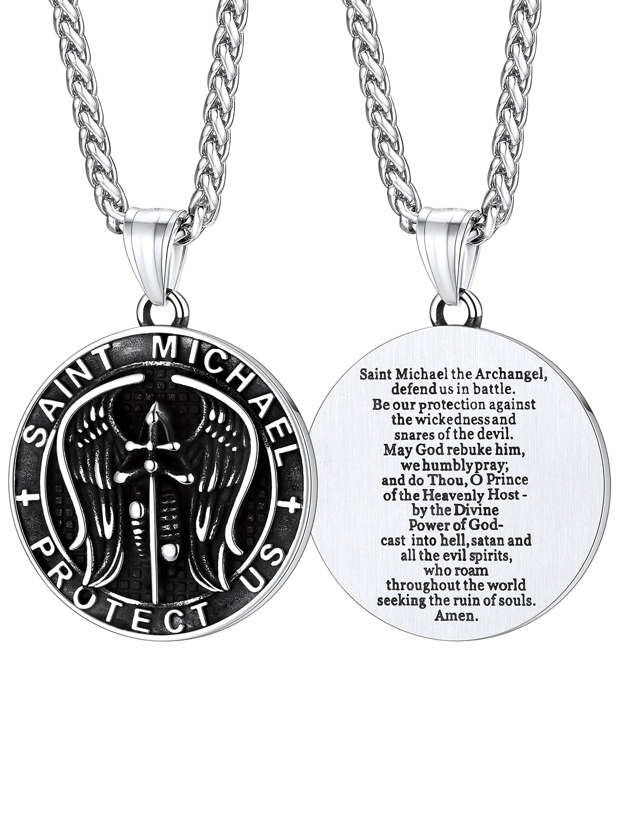 FaithHeart Silver Archangel Wings Round Necklace, St. Michael Protector Amulet Medal Pendant, Durable Wear-resistant Stainless Steel Jewelry