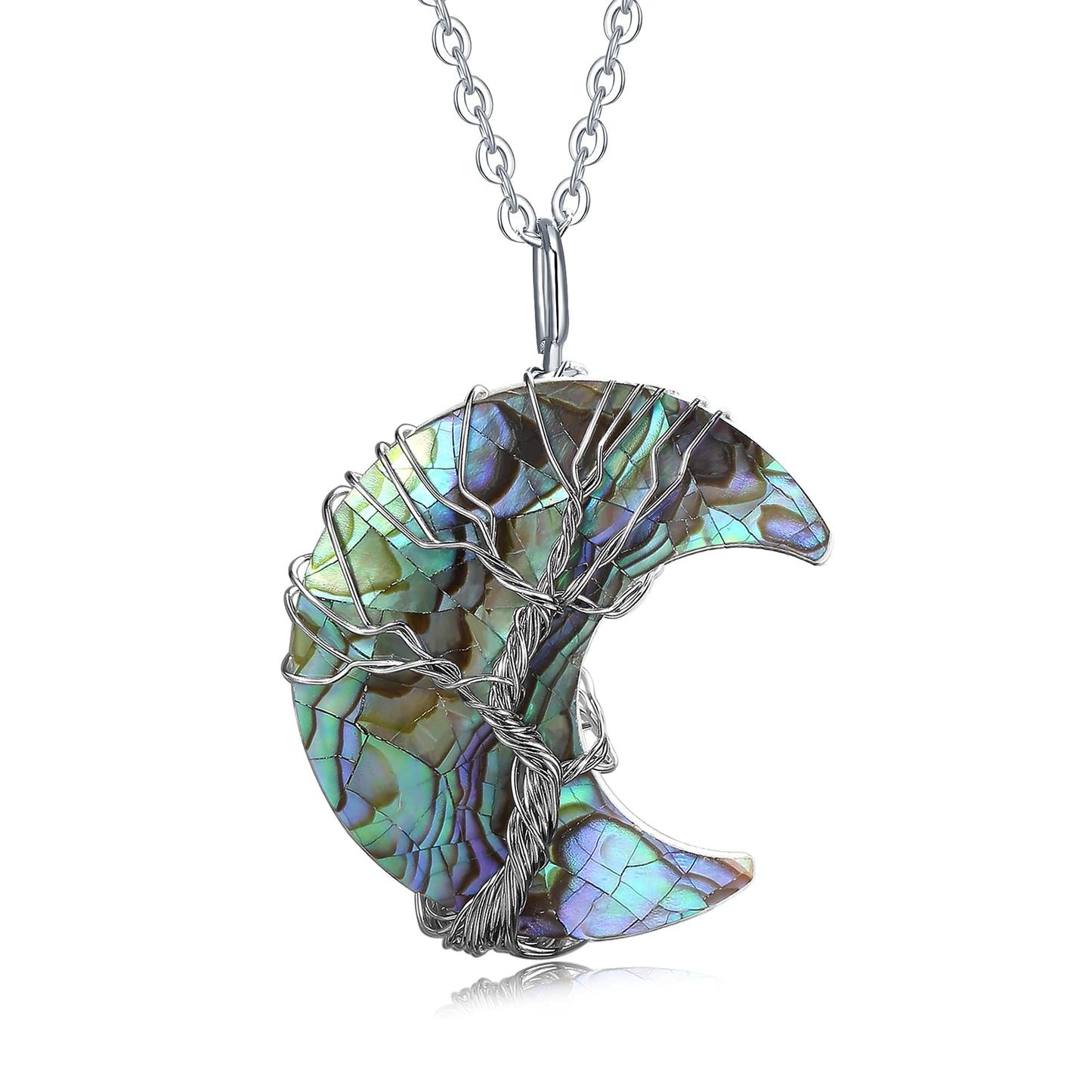 XIANNVXI Abalone Shell Necklaces Tree of Life Wire Wrapped Crescent Moon Pendant Necklace Crystal Stone Natural Gemstone Quartz Jewelry for Men Women