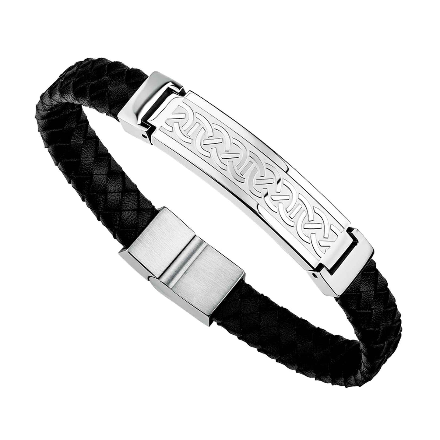 Steel and Black Leather Celtic Knot Bracelet