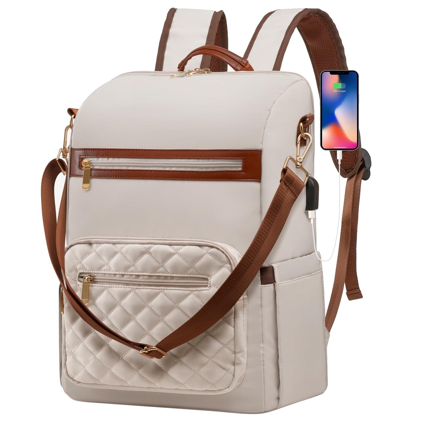 Aimion Laptop Backpack for Women, 15.6 Inch Work Bag with USB Charging Port, Large Stylish Travel Backpack, Casual Daypacks Purse for College, Business Beige