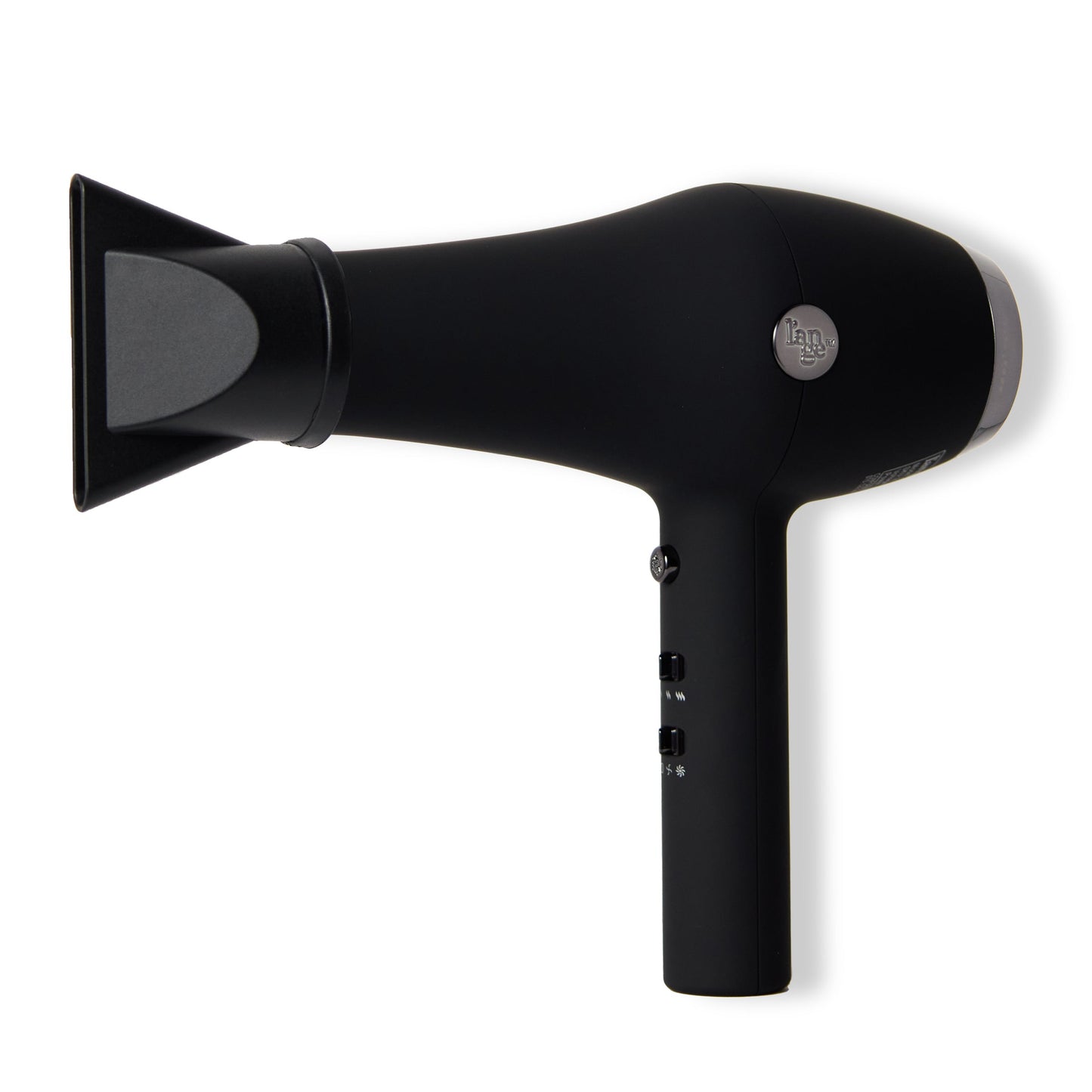 Black Hair dryer with black air concentrator and black cord with hanging loop