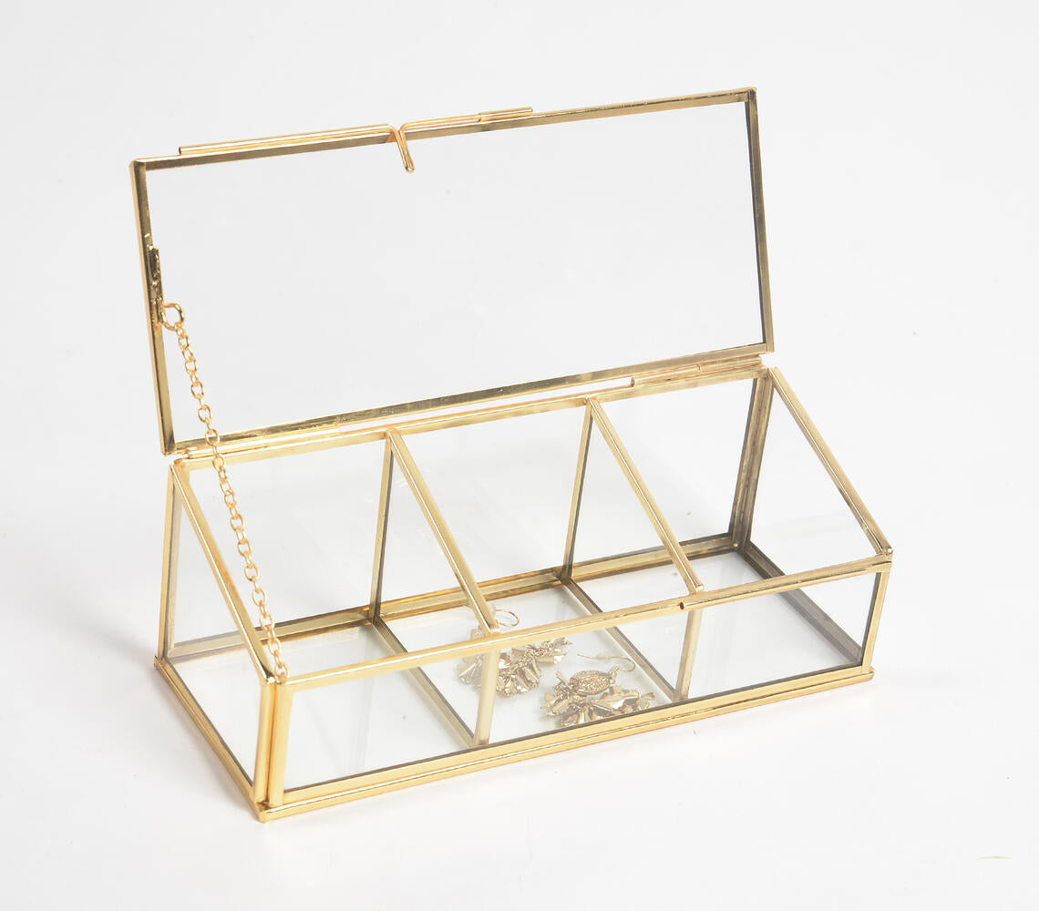 Minimal Glass & Metal Tapered 3-Compartment Jewelry Box