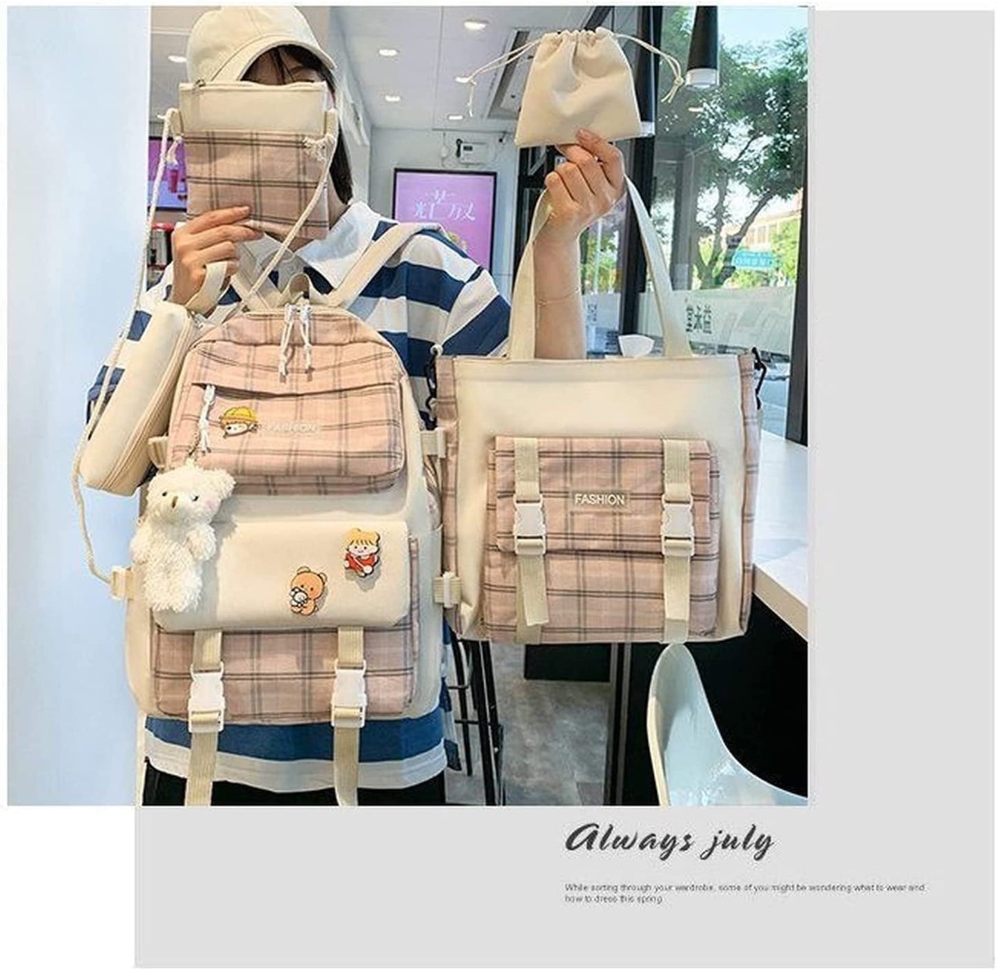 5pcs/set Girl's Kawaii Backpack Korean Style Cute Student Girls Large Capacity Schoolbag with Bear Pendant