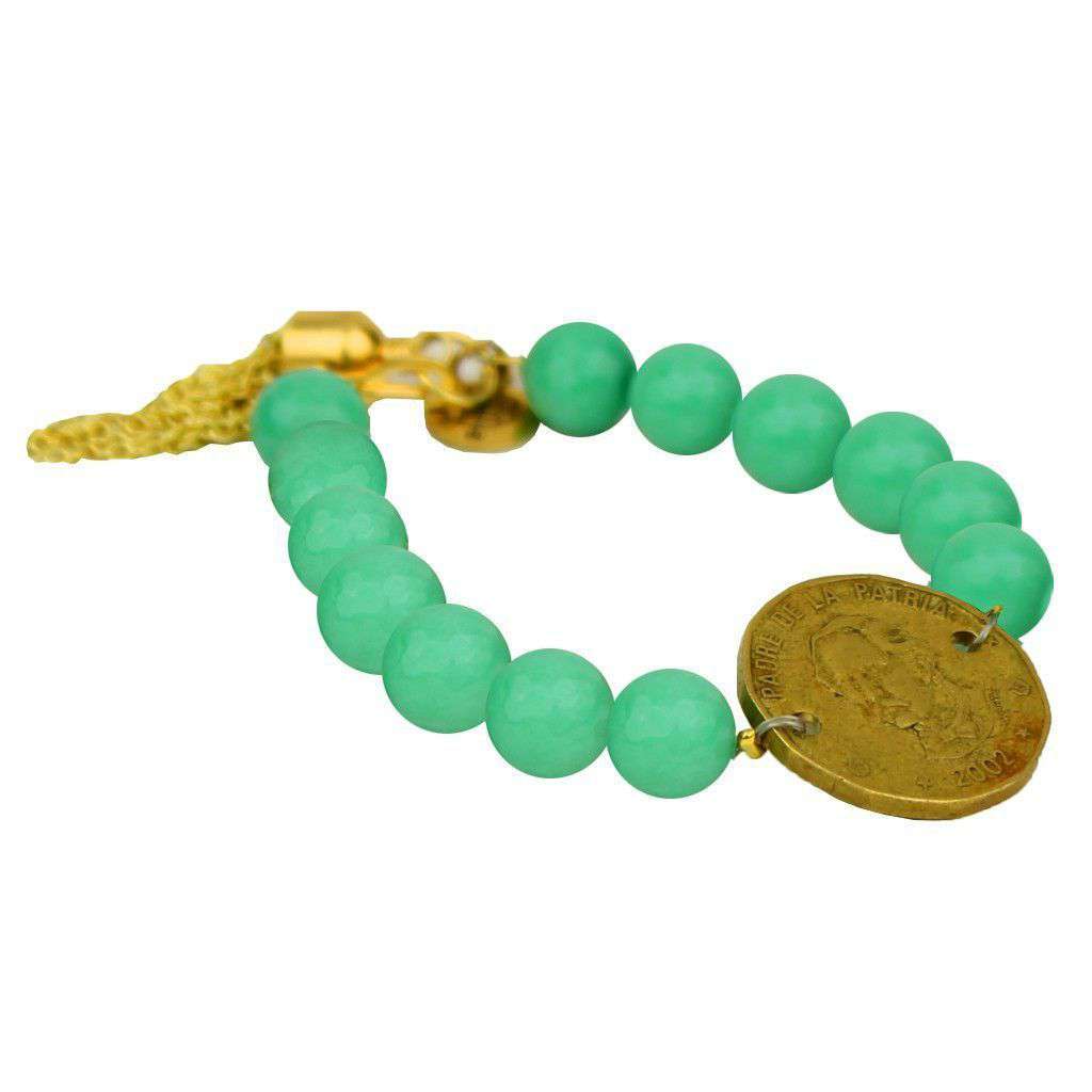 Beaded Bracelet with Coin and Gold Tassel in Turquoise by Bourbon and Bowties