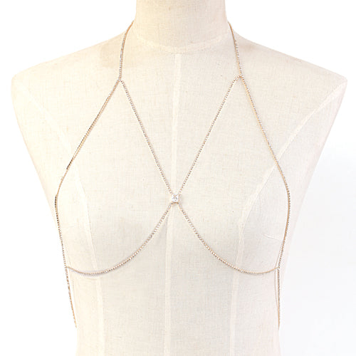 Rhinestone Bra Body Chain in Gold