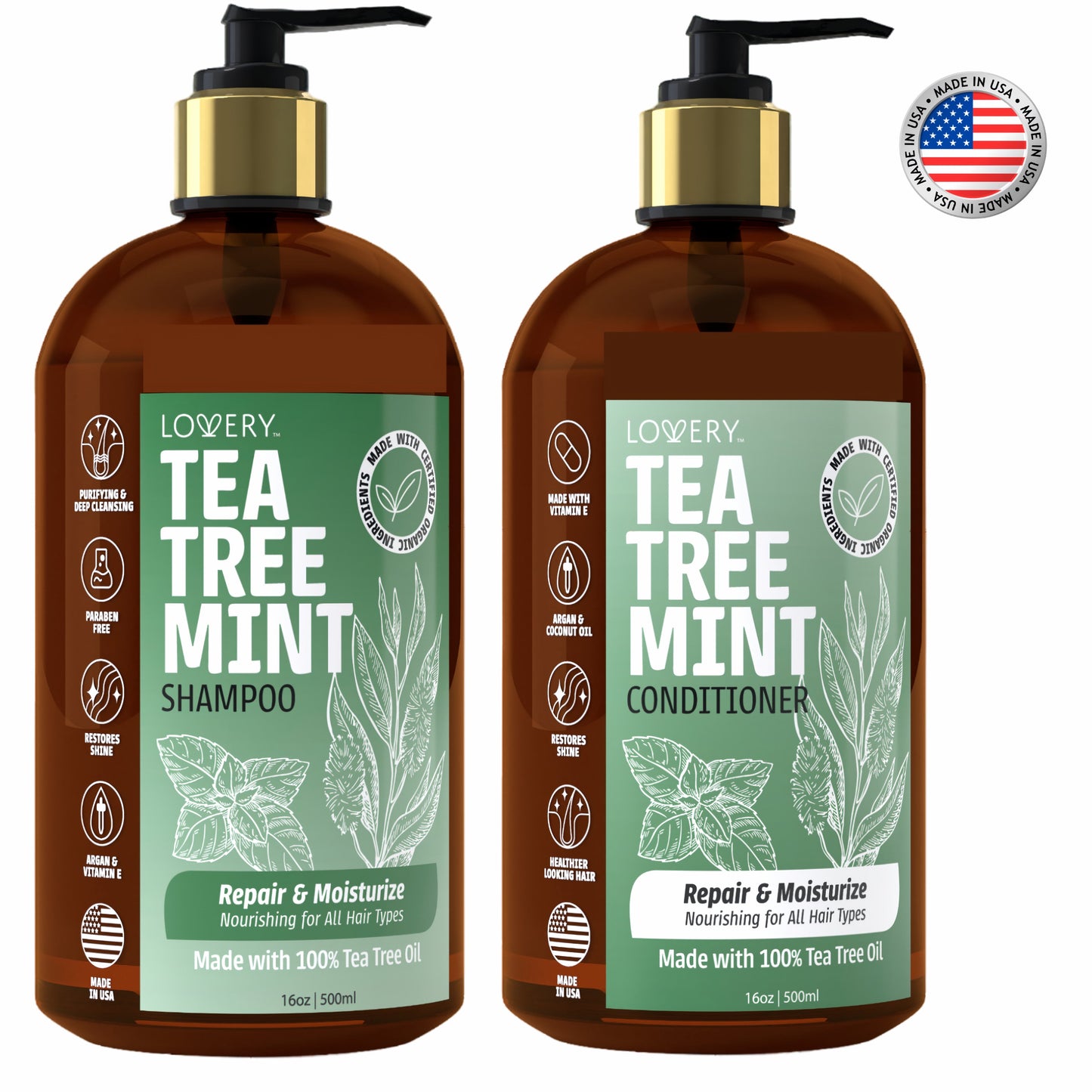 Tea Tree Mint Shampoo & Conditioner Gift Set - 32oz Hair Care Made in USA