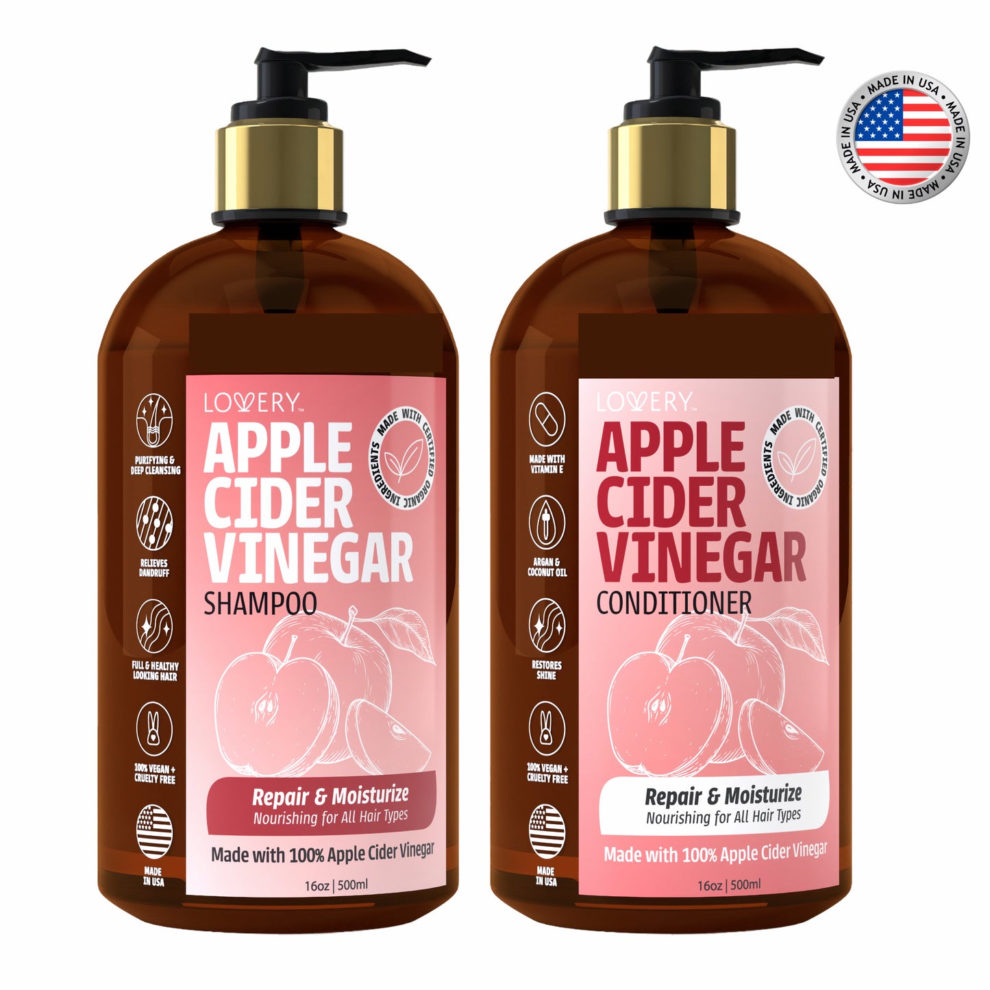 Apple Cider Vinegar Shampoo & Conditioner Gift Set - 32oz Hair Care Made in USA