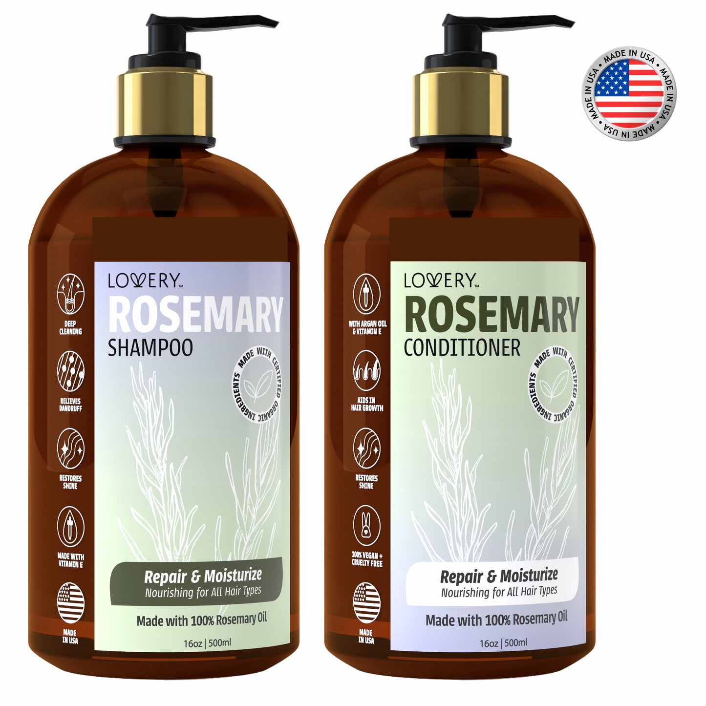 Rosemary Shampoo & Conditioner Gift Set - 32oz Hair Care Made in USA