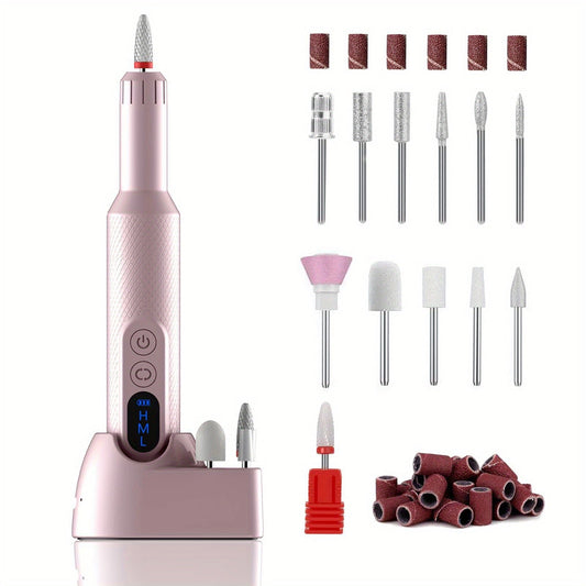 Rechargeable Professional Cordless Electric Nail Drill - Portable Nail File Machine with Drill Bits & Sanding Bands for Acrylic Gel Nails, Manicure & Pedicure Polishing