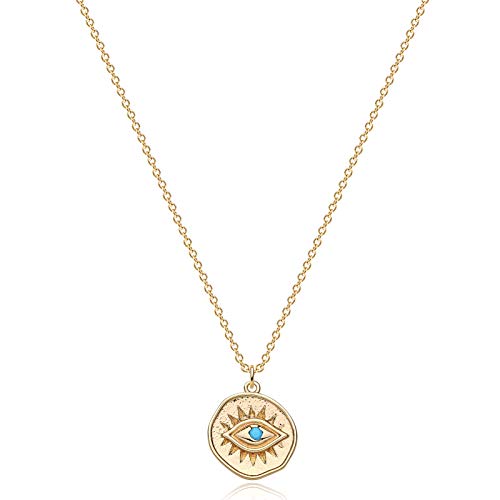 Bemoly 14K Gold Evil Eye Pendant Necklaces For Women Dainty Turquoise Coin Boho Minimalist Chain Choker Necklace Jewelry