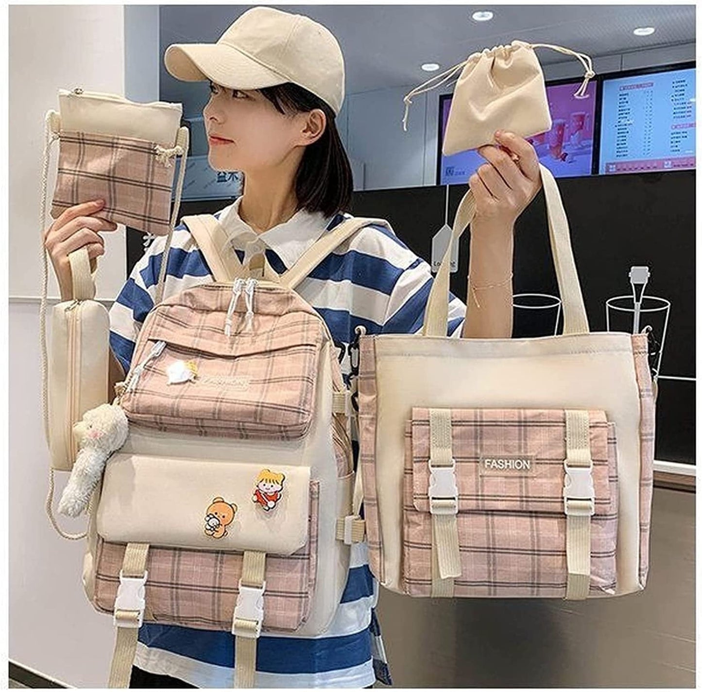 5pcs/set Girl's Kawaii Backpack Korean Style Cute Student Girls Large Capacity Schoolbag with Bear Pendant