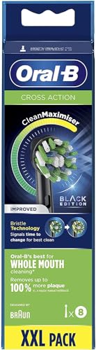 Oral-B Cross Action Electric Toothbrush Head with CleanMaximiser Technology, Angled Bristles for Deeper Plaque Removal, Pack of 8, Black Edition