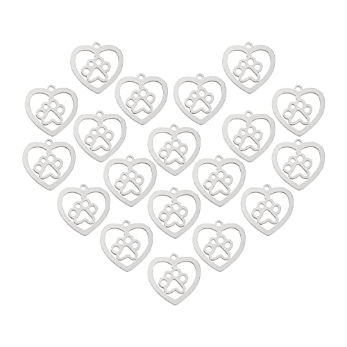 UNICRAFTALE 20pcs 201 Stainless Steel Pendants Heart with Dog Paw Prints Charms Small Hole Pendants for Women Necklaces Jewelry Making 15x15.5x1mm, Hole 1.2mm