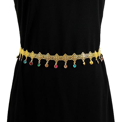 Urieo Boho Tassel Rhinestone Waist Chain Belt Crystal Gold Belly Chains Adjustable Bikini Party Dress Chain Belts Body Jewelry Accessories for Women and Girls