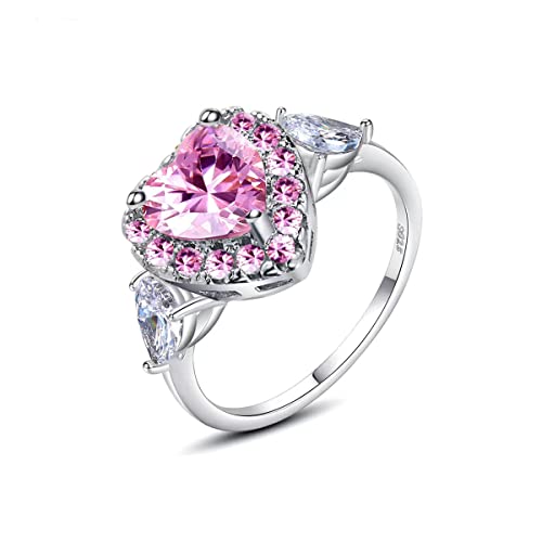 925 Sterling Silver Heart-shaped Perfect Cut 2ct Pink gemstone ring Three-Stone Shiny Heart Rings CZ Cubic Zirconia Promise Love Halo Engagement Wedding Band Eternity Ring For Women (US code 10)