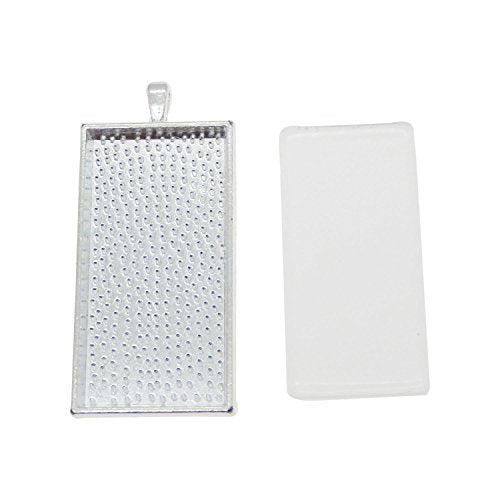 Julie Wang 10 Sets Large Rectangle Photo Setting Tray Pendant with Glass Cabochons Pendant Kit Set (Shining Silver)