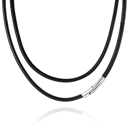 Akrxiso Waterproof Braided Leather Necklace Cord Woven Pendant Wax Rope Chain Cord Necklaces with Stainless Steel Snap Clasp for Jewelry Making DIY Men Women, 3mm width, 18/20/22/24 inch, Black 20"