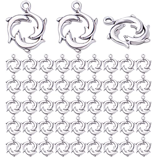 50pcs Antique Silver Dolphin Charm Pendants Tibetan Alloy Vintage Animal Charms Sea Fish Charms Craft Supplies for DIY Jewelry Necklace Bracelet Making Accessories
