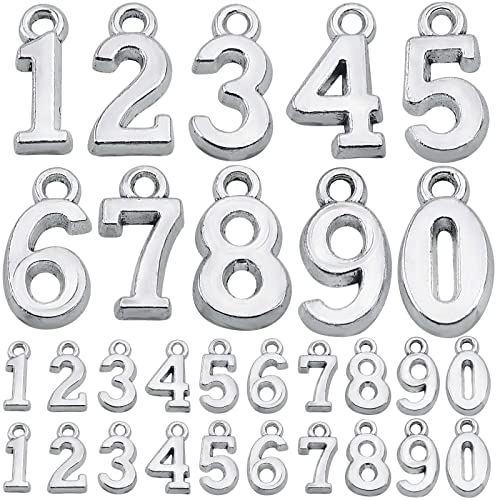 100pcs Antique Silver Arabic Numerals 0-9 Charms Digital Figures Number Pendant Charms Craft Supplies for DIY Necklace Bracelet Jewelry Making Accessories, Hole: 2.4 mm