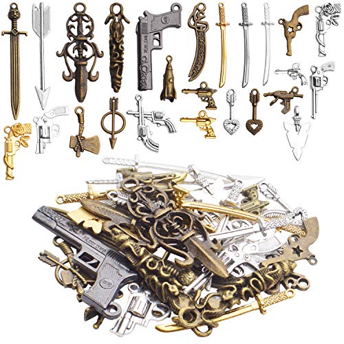 Weapons Charms Bulk, 100Gram(About 20-40pcs)Assorted Weapons Charm Gun Arrow Sword Axe Arms Pendant Collection Jewelry Making Accessaries for DIY Necklace Bracelet Earrings