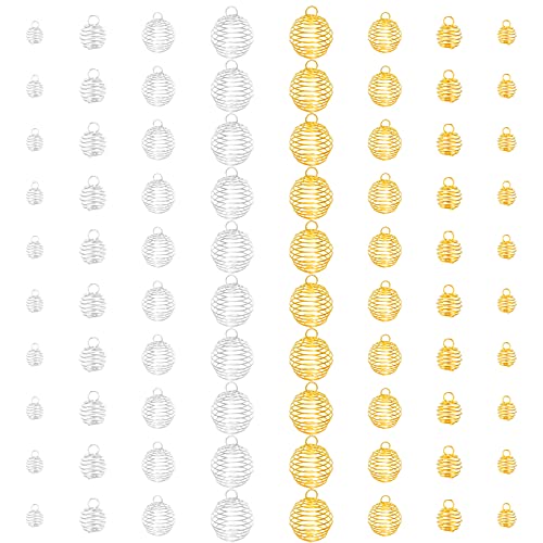 HOVEOX 80Pcs Spiral Bead Cages Pendants Stone Holder Necklace Cage Pendants Findings for Jewelry Making and Crafting Silver and Gold