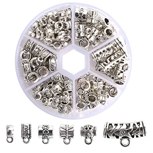 VIOCIWUO 112g Silver Alloy Bail 6 Styles Antique Silver Bail Bead (About 120pcs), Jewelry Connector Pendant Spacer Beads for Bracelet Necklace Making Supplies