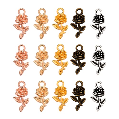 Ipotkitt 50Pcs/box Tibetan Style Rose Flower Alloy Charms Pendants Vintage Charms Pendants for Earring Necklace Bracelet Jewelry Making - 21x10.5mm